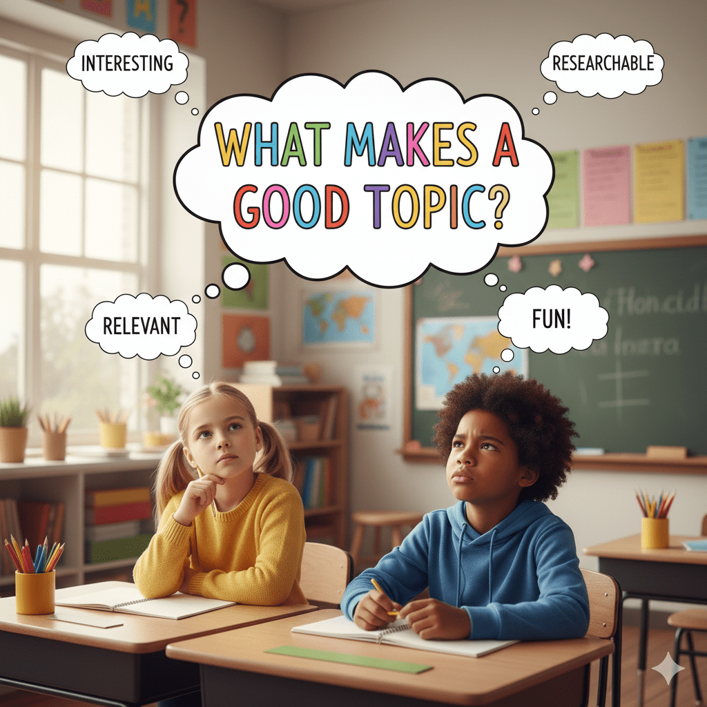 Home 2 random topic generator to talk about. in this image kids are sitting in classroom and thinking about topics researchable, interesting, relevant, and fun,